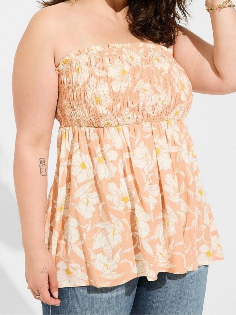 torrid Peach Floral Smocked Strapless Camisole